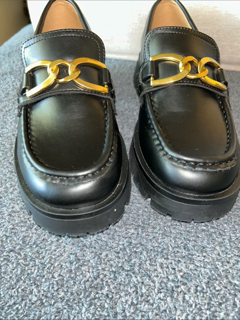 Nine West Black Loafers with Gold Chain Accent
